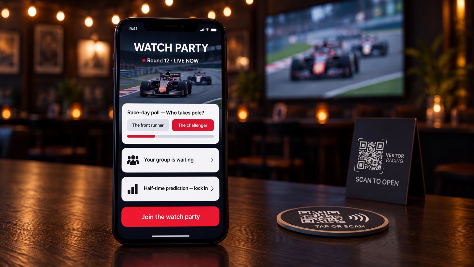 A phone standing on a bar top showing a watch party portal with a race-day poll, a group waiting row, a half-time prediction row and a join the watch party button, with a tap-or-scan coaster and a scan-to-open table card behind