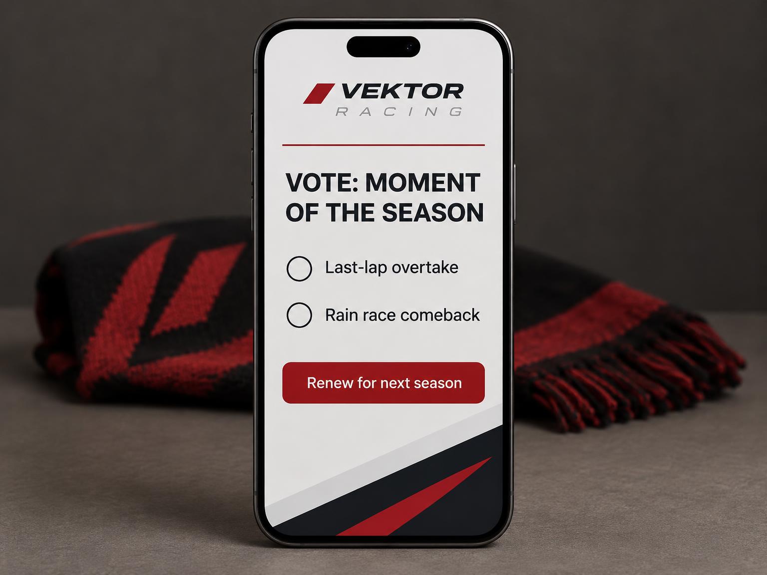 A phone showing a moment of the season voting portal with a membership renewal button, with a team scarf blurred behind