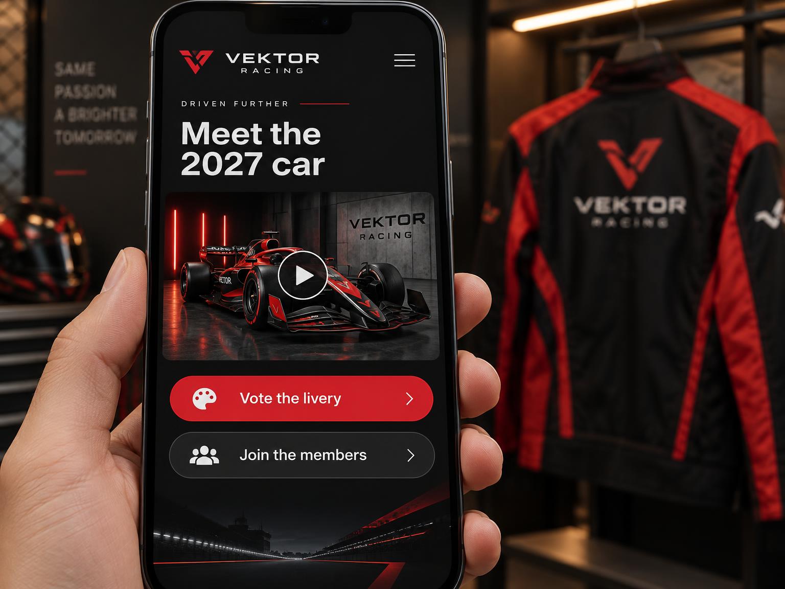 A phone showing a pre-season portal to watch the livery reveal, vote the livery and join the members, with a team jacket blurred behind