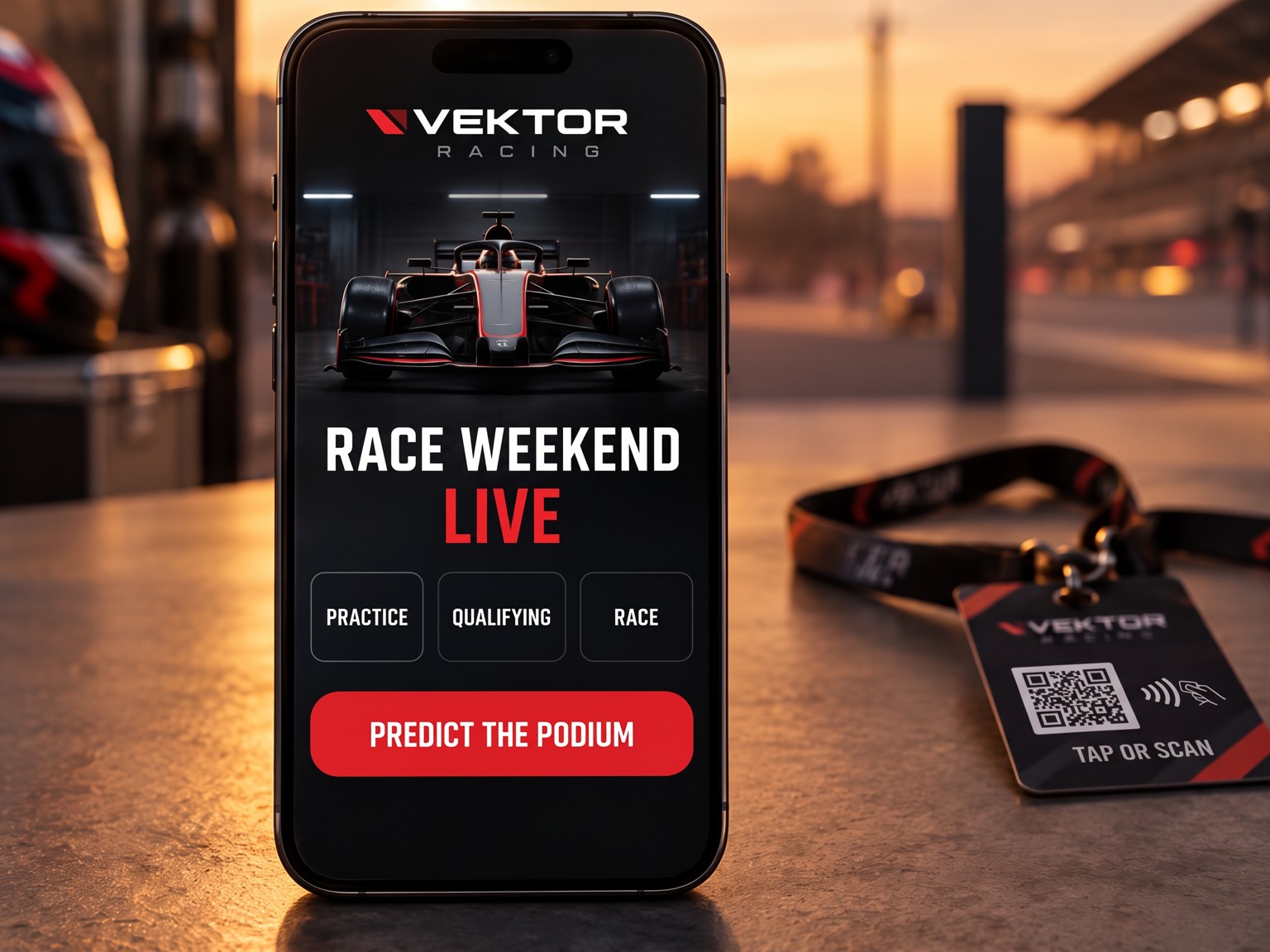A phone showing a race weekend portal with practice, qualifying and race tabs and a predict-the-podium button, with a tap-or-scan lanyard pass blurred behind