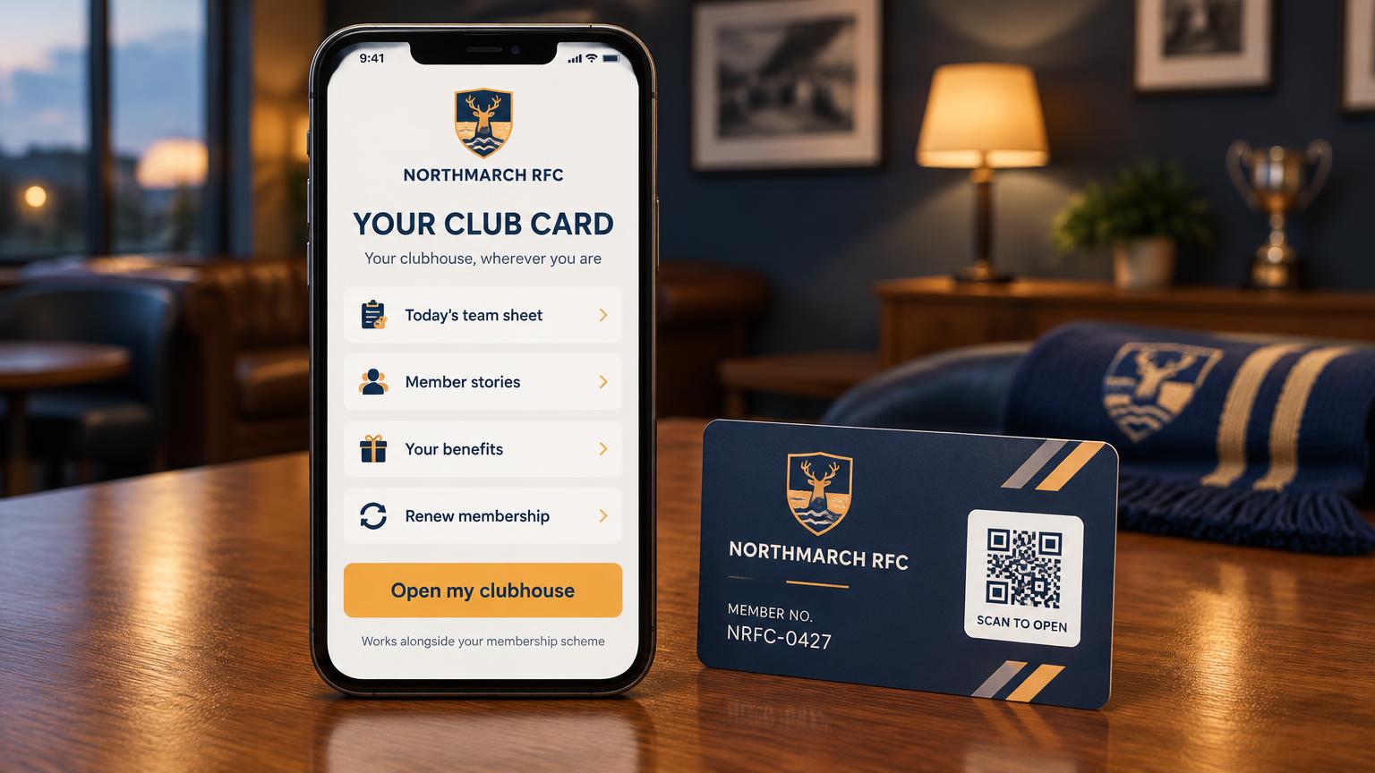 A slate-blue and apricot phone portal showing Your Club Card with the team sheet, member stories, benefits and renewal rows, beside a navy Northmarch RFC member card with a QR panel reading scan to open