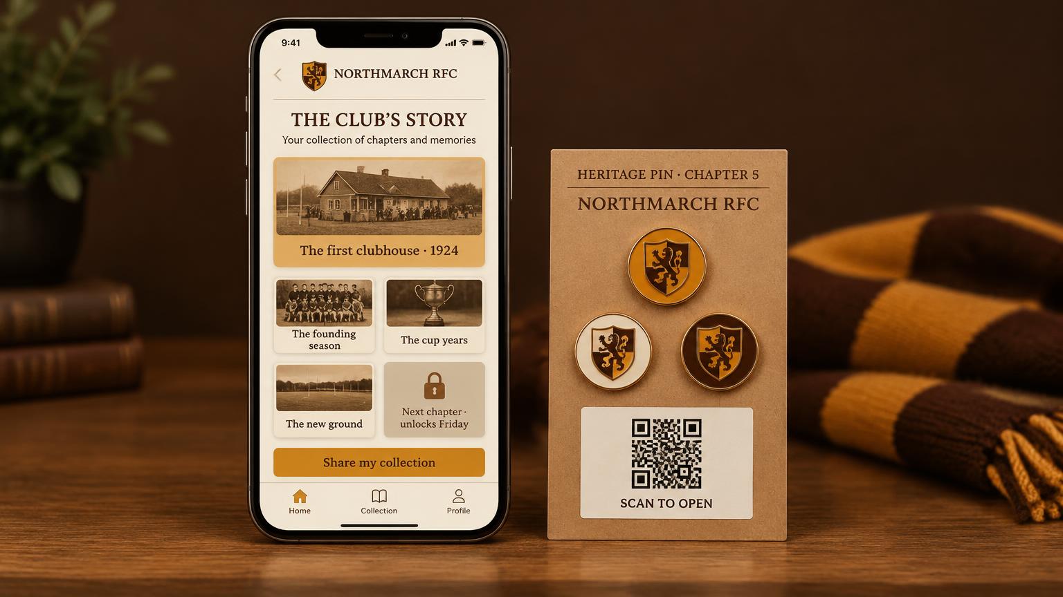 A honey-amber and cream phone portal showing The Club's Story with heritage chapter tiles and a share my collection button, beside a kraft collector's card with three enamel pins and a scan to open QR panel