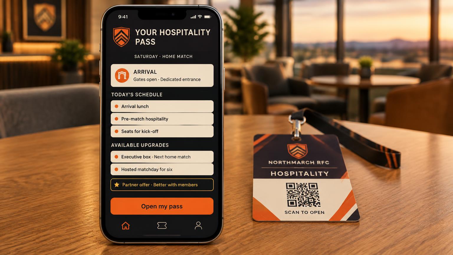 A warm ember-orange and charcoal phone portal showing Your Hospitality Pass with arrival details, the day's schedule, available upgrades and partner offers, beside a Northmarch RFC hospitality lanyard pass with a designed QR panel