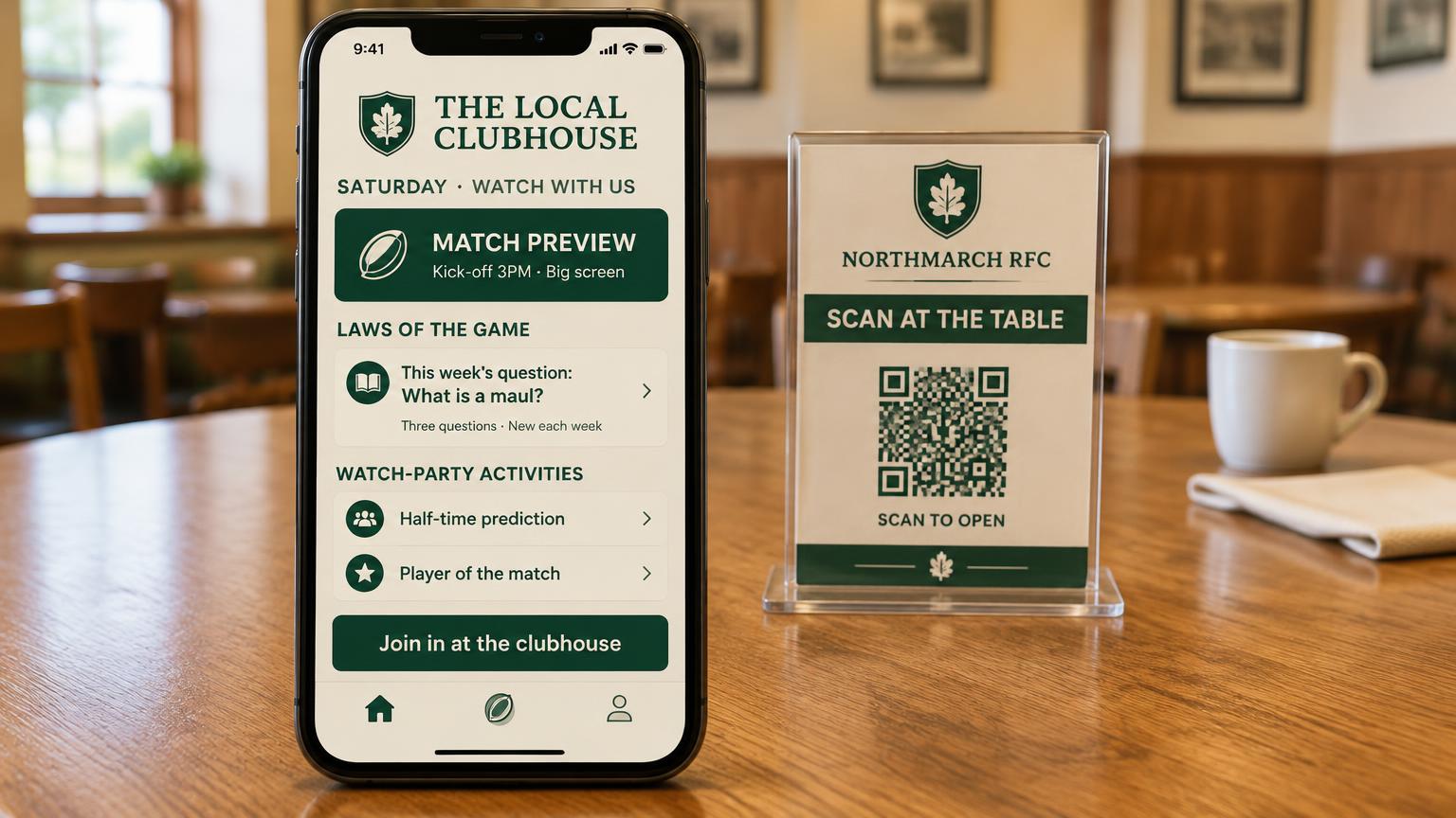 A forest-green and honey phone portal showing a clubhouse table portal with the match preview, a laws-of-the-game quiz and watch-party activities, beside a clubhouse table card with a designed QR panel