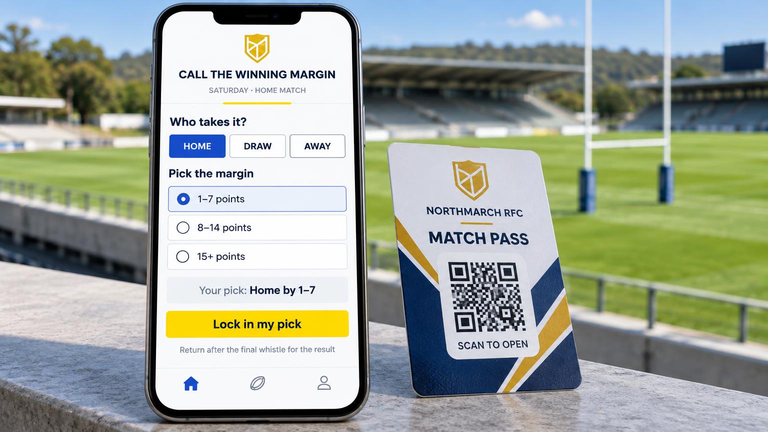 A white, cobalt and yellow phone portal showing home, draw and away choices, winning-margin bands and a lock in my pick button beside a designed Northmarch RFC QR match pass