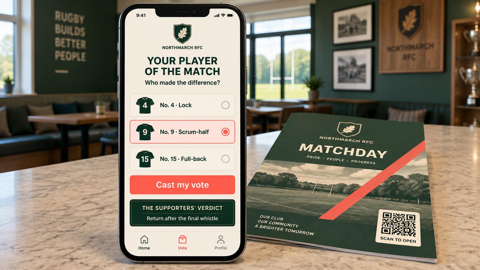 A forest green and coral phone portal showing Your Player of the Match with three player choices and a cast my vote button, beside a designed matchday programme with a QR panel