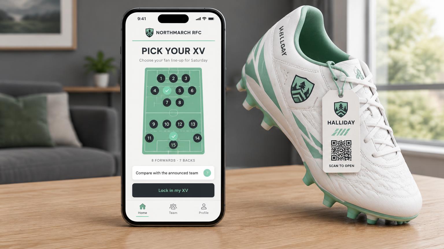 A mint-green and charcoal phone portal showing Pick Your XV with a fan line-up of fifteen numbered chips and a compare after the match section, beside a cobalt rugby boot with a designed QR hangtag