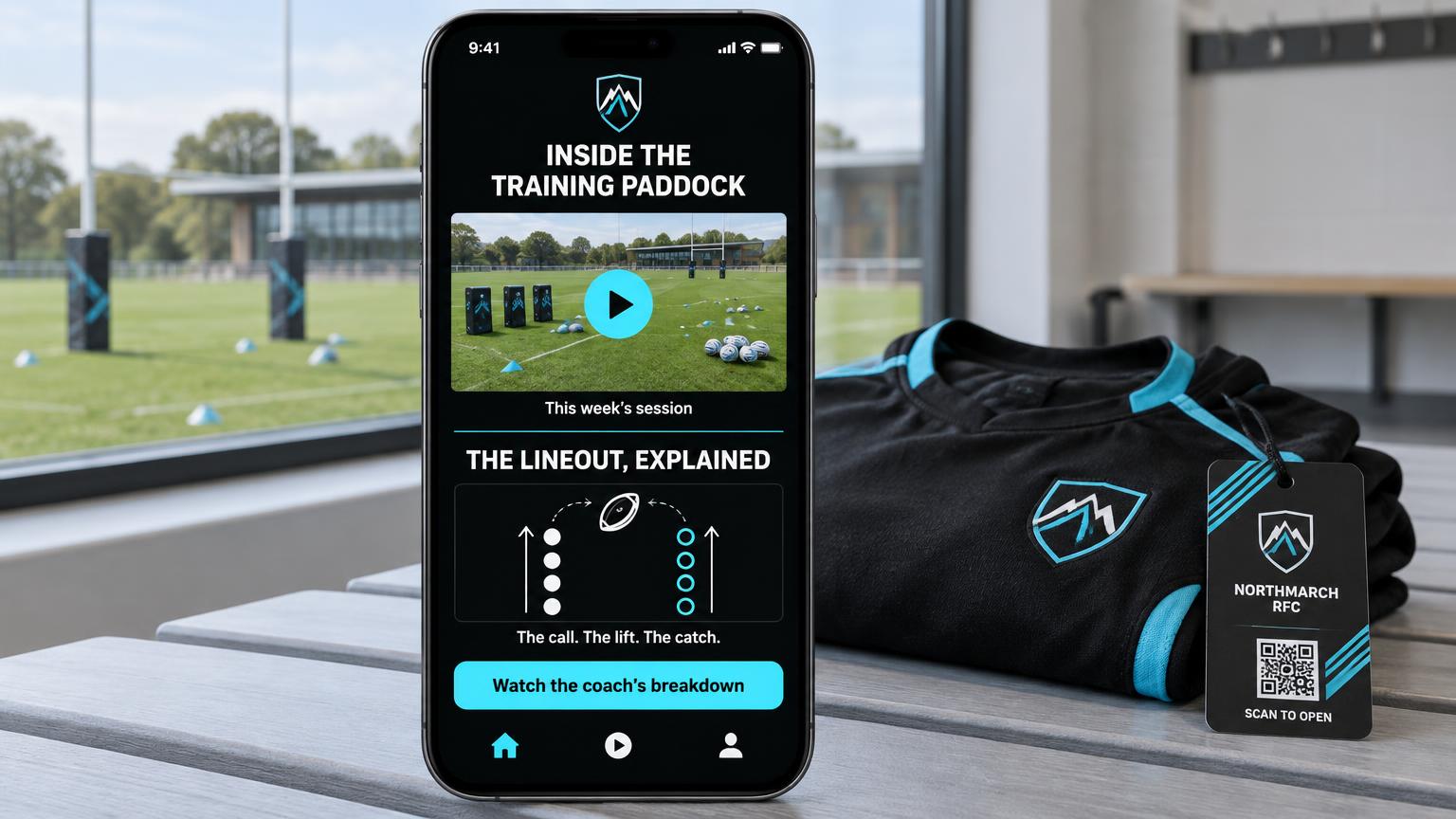 A phone showing Inside the training paddock with session footage, a lineout coaching diagram and a watch the coach's breakdown button, beside a black and cyan rugby training top with a designed QR swing tag