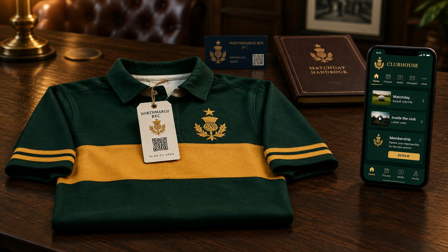 A heritage rugby shirt with a designed thistle-crest QR swing tag, membership card and matchday handbook beside a phone showing a Clubhouse portal with matchday, inside the club and membership renewal