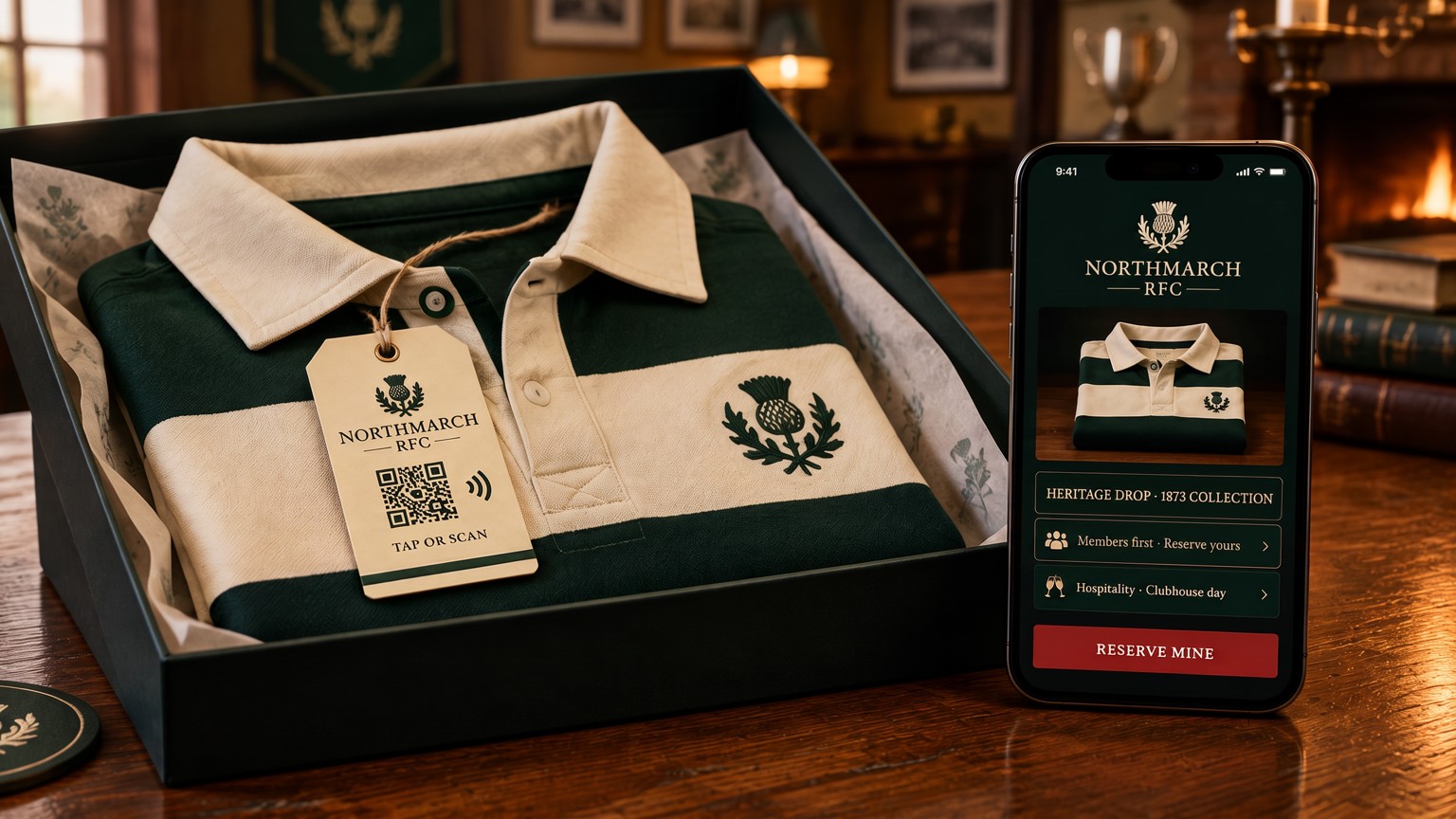 A heritage rugby shirt in a presentation box with a designed tap-or-scan swing tag, beside a phone showing a members-first heritage drop portal with a reserve mine button
