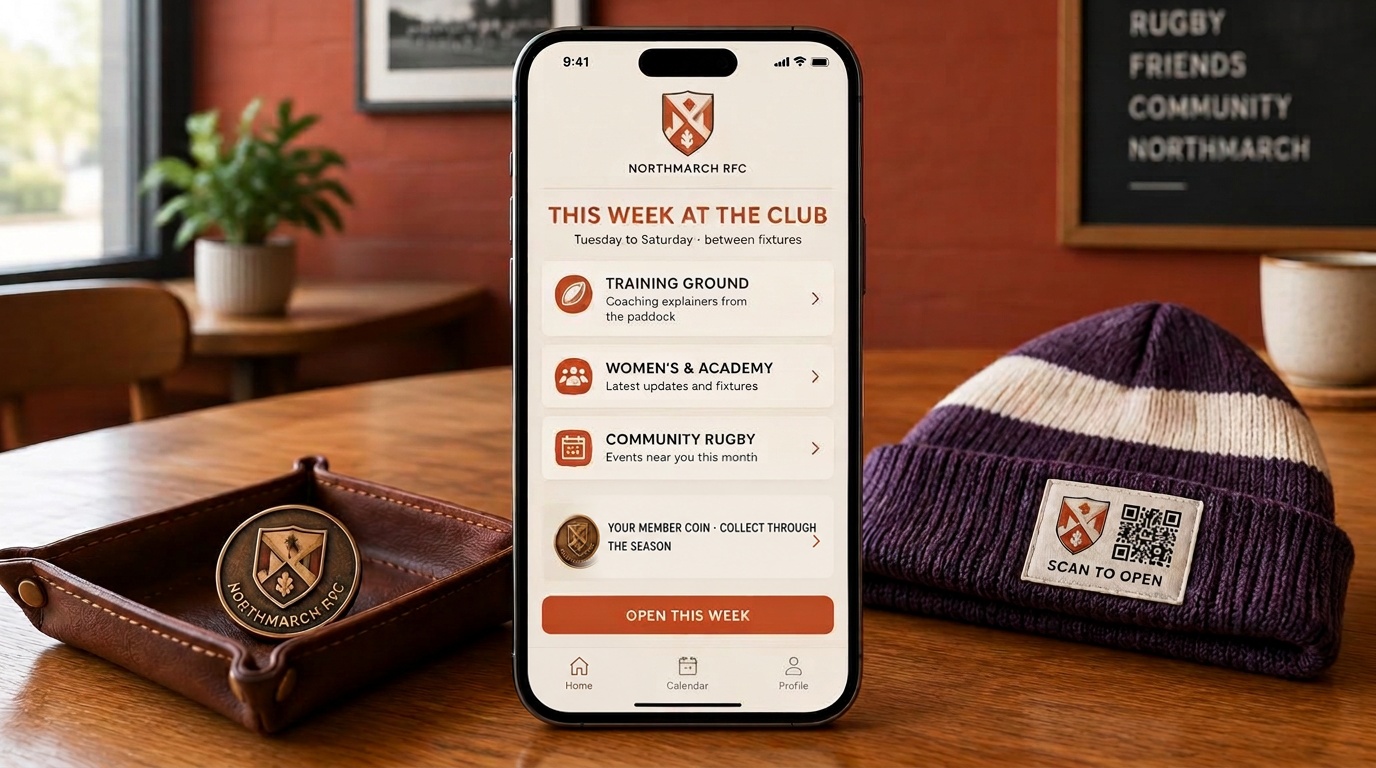 A phone showing this week at the club with training ground, women's and academy updates and community rugby, beside a bronze member coin and a QR-labelled beanie