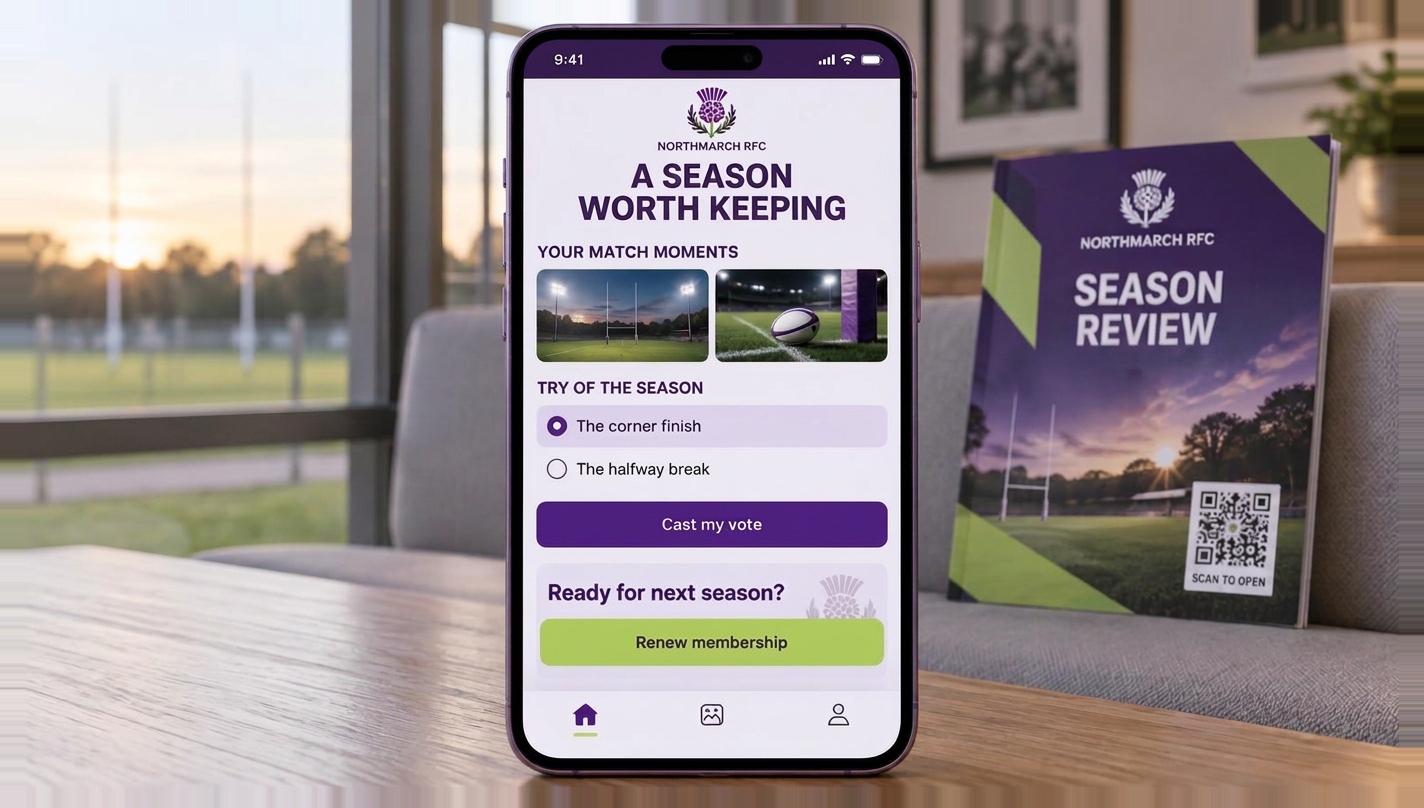 A large phone showing collected rugby match moments, a try-of-the-season vote and membership renewal beside a purple and lime commemorative programme with a designed QR panel