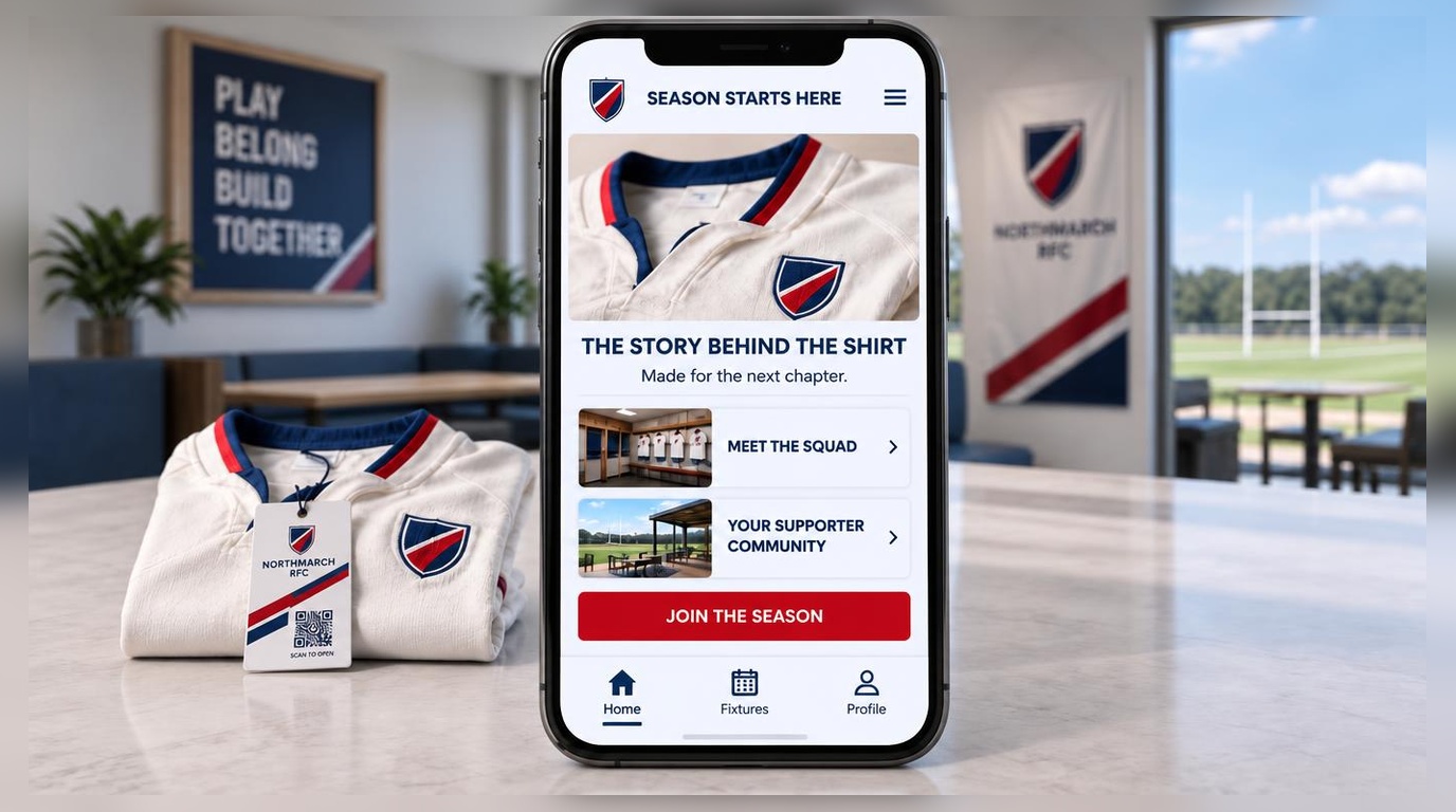 A phone showing a season launch portal with the story behind the shirt, a meet the squad row and a join the season button, with a folded cream rugby shirt and a designed Northmarch RFC swing tag with QR code behind