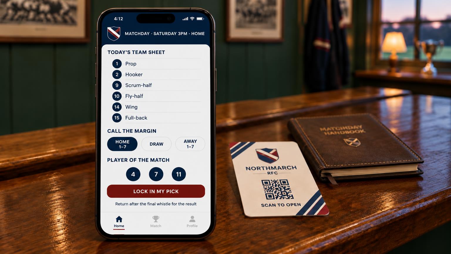 A phone showing a matchday portal with today's team sheet, a call the margin pick and a Player of the Match vote, with a cream Northmarch RFC match pass card with QR code behind
