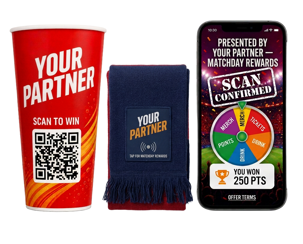 Connected sponsor patch, pitch-side board and phone showing a sponsor activation portal