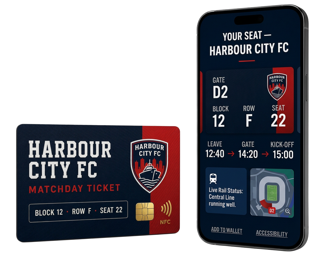 Iron Works FC connected matchday ticket beside a phone showing the seat portal