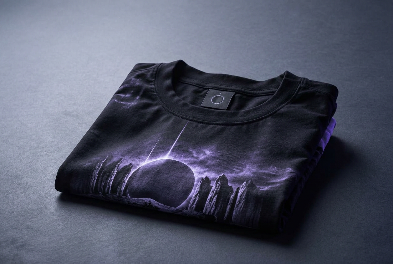 A limited-edition black t-shirt under a narrow spotlight