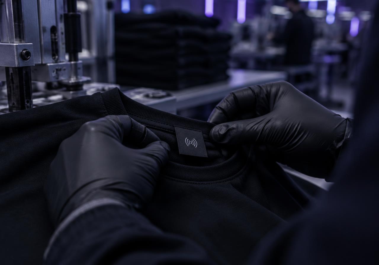 Gloved hands fitting a smart label into the neck of a black garment on a production line