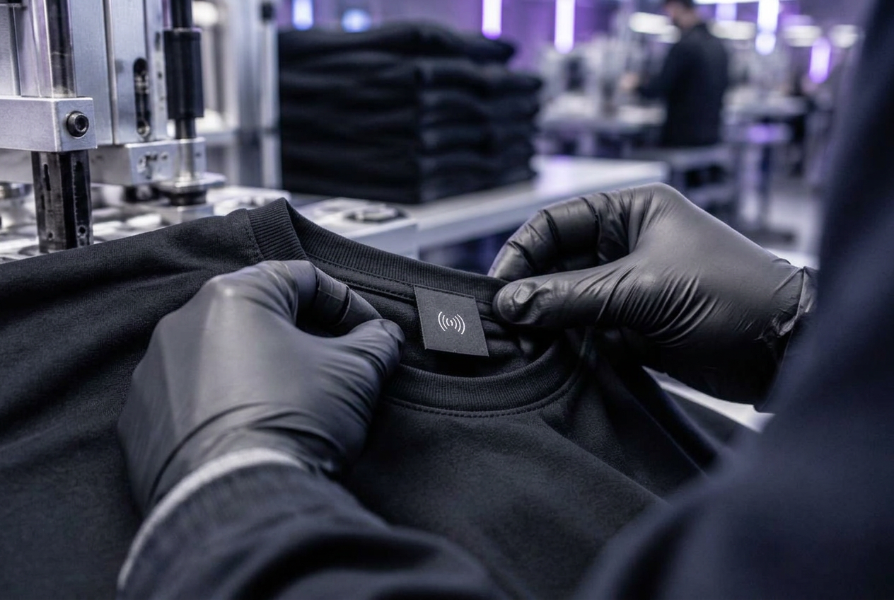 Gloved hands fitting a smart label into the neck of a black garment on a production line