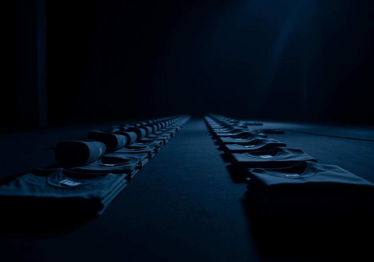 A long line of folded t-shirts receding into darkness, suggesting scale