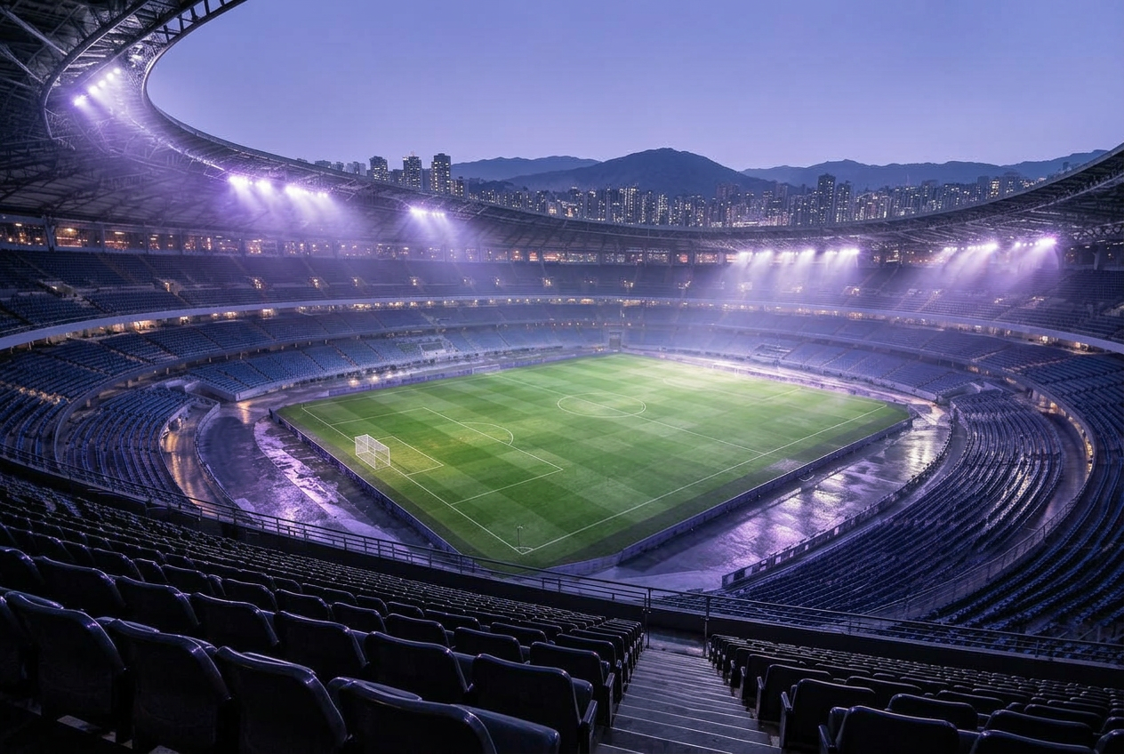 An empty floodlit stadium at night