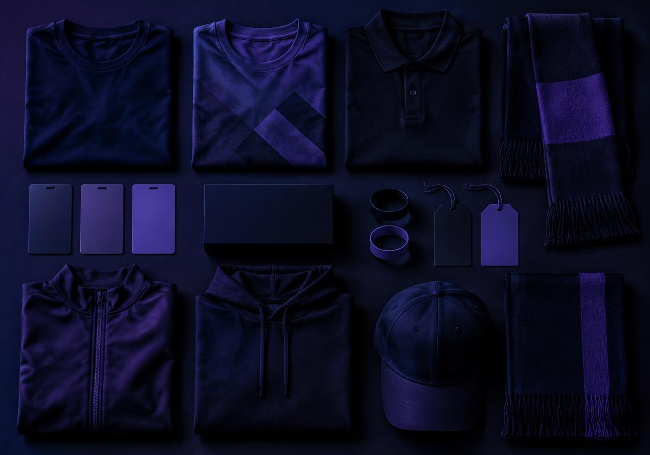 A grid of club merchandise — shirts, scarves, membership cards, wristbands and swing tags — laid out on a dark surface