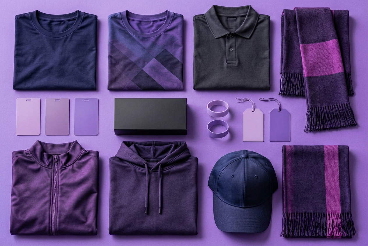 A grid of club merchandise — shirts, scarves, membership cards, wristbands and swing tags — laid out on a dark surface