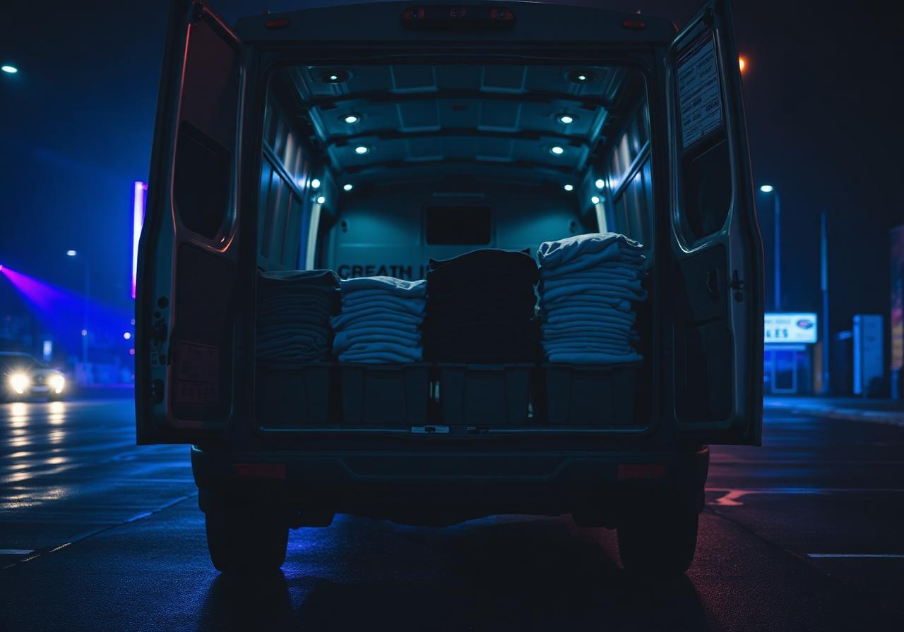 Open rear doors of a merchandise van at night, stacked with folded band t-shirts