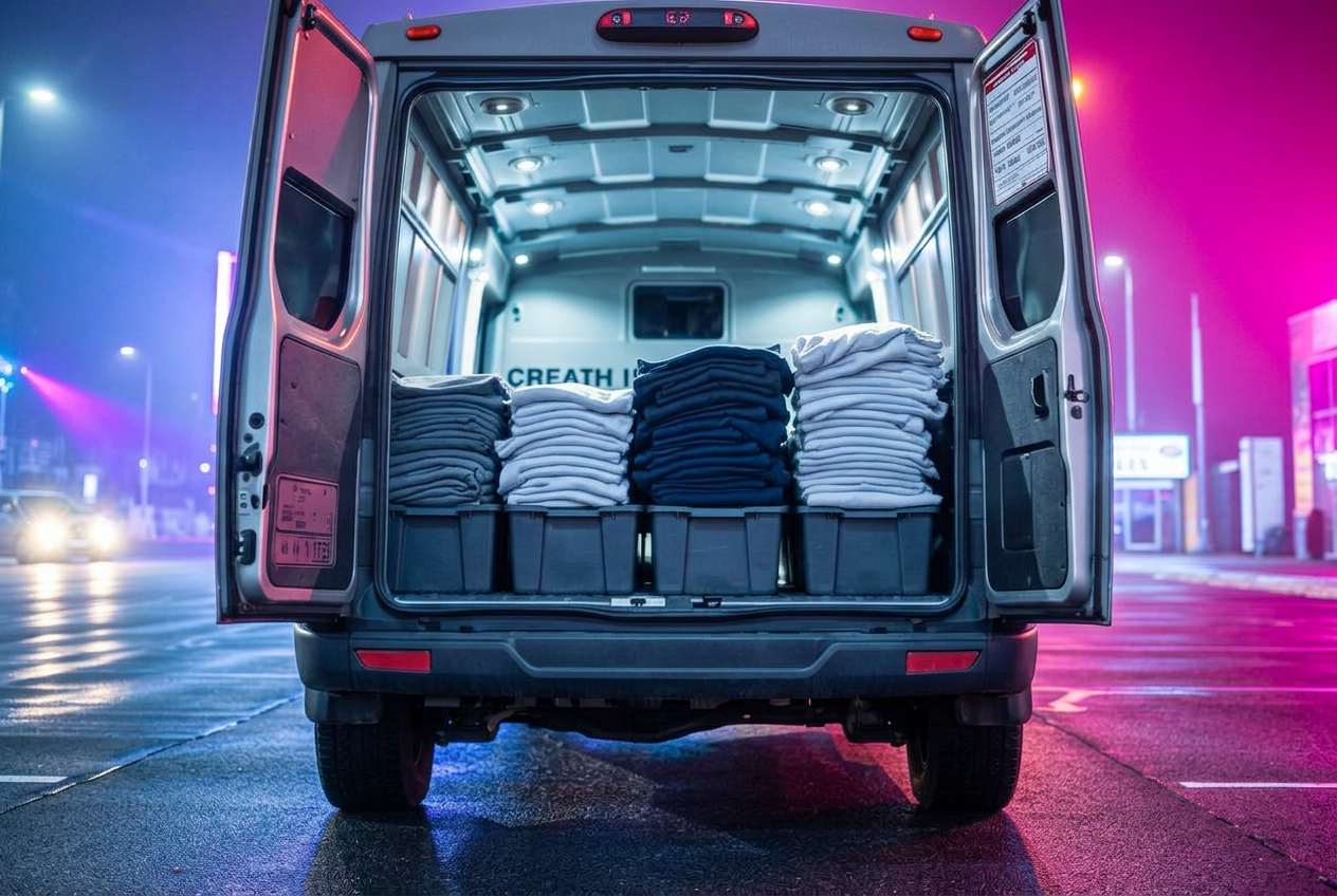 Open rear doors of a merchandise van at night, stacked with folded band t-shirts