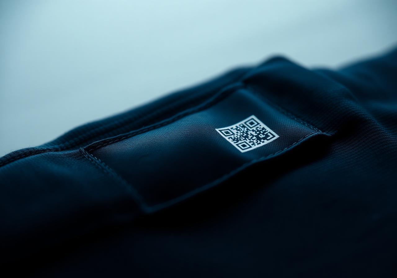 Macro photograph of a printed QR code on a dark garment label