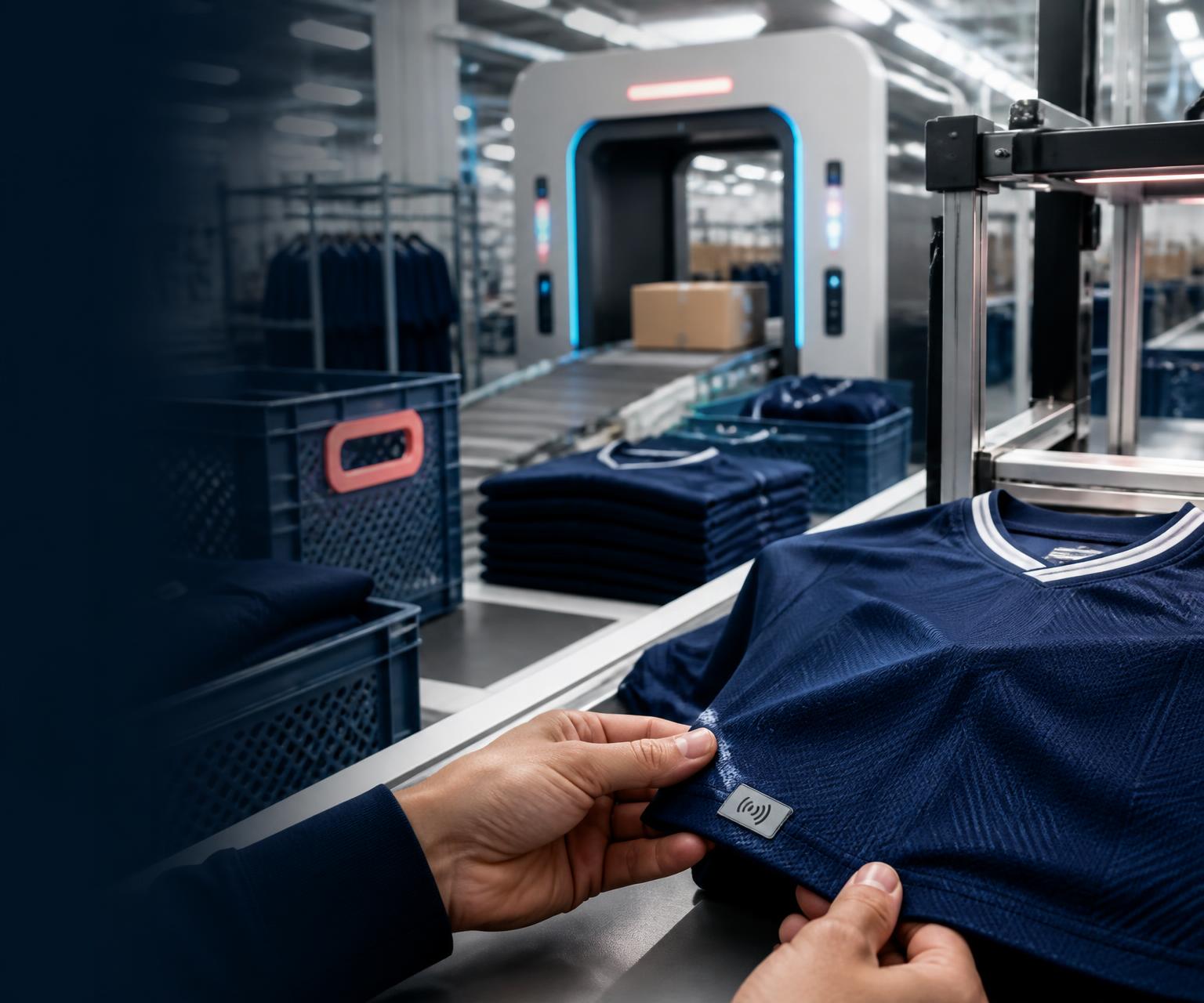 Connected navy sportswear being inspected on a modern apparel fulfilment line