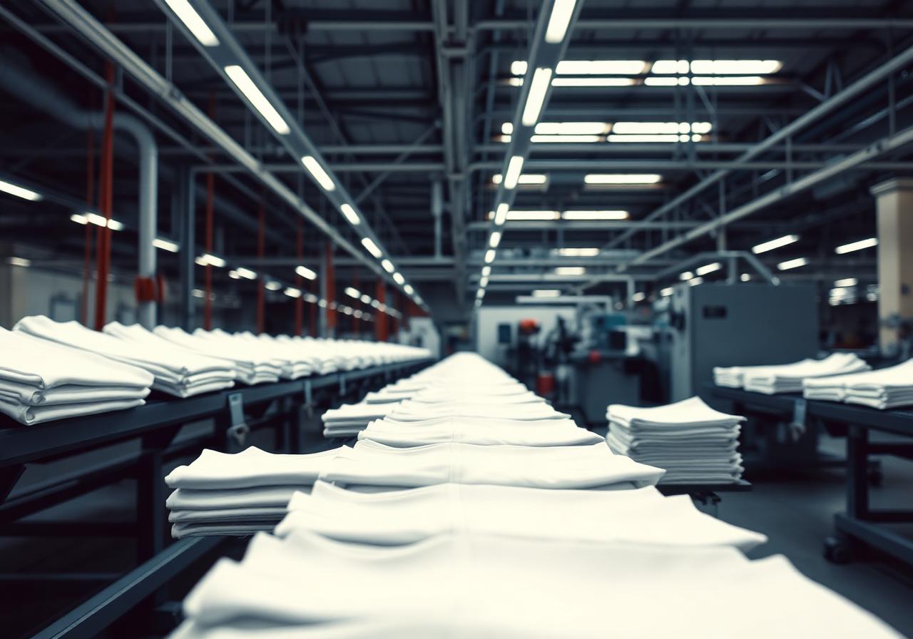 Long rows of folded blank white t-shirts inside a modern textile factory