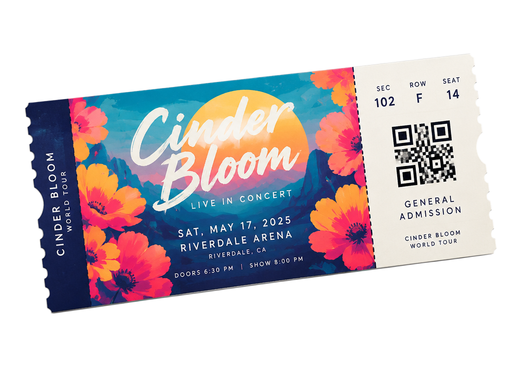 Paper general admission concert ticket printed with a QR code only