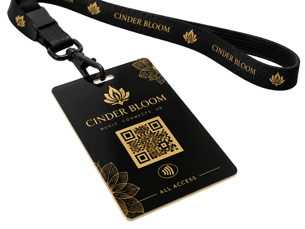 Black and gold lanyard access pass carrying a QR code and an NFC tap symbol