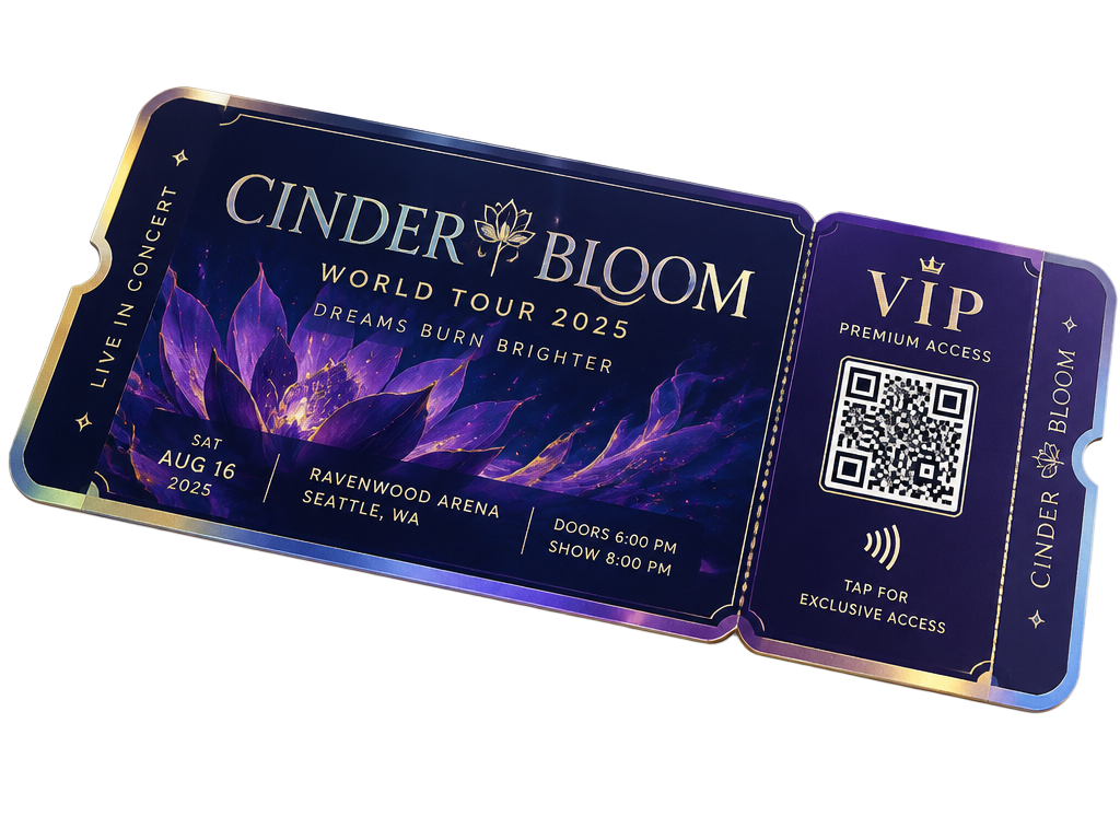 Premium VIP concert ticket carrying a QR code and an NFC tap symbol