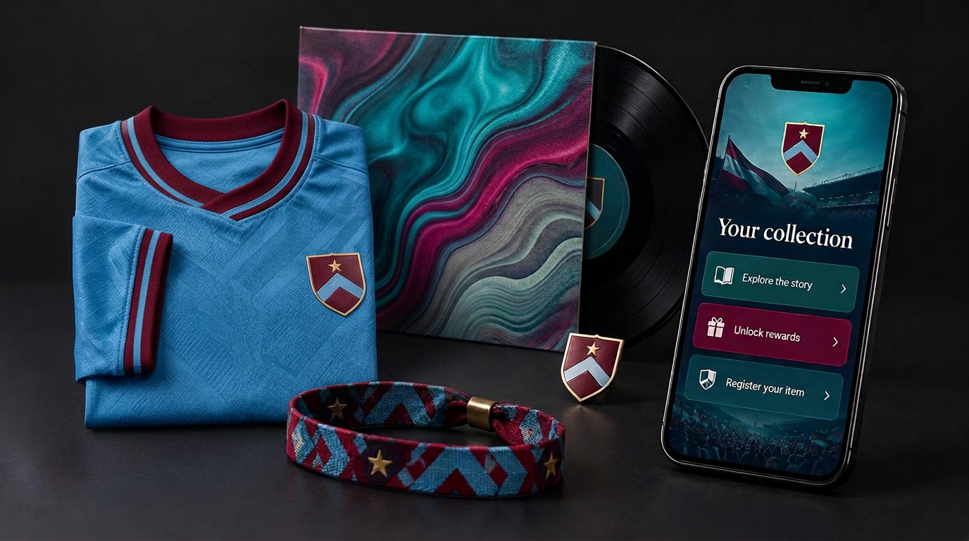 A connected shirt, vinyl, wristband and pin beside a phone with product stories, rewards and registration