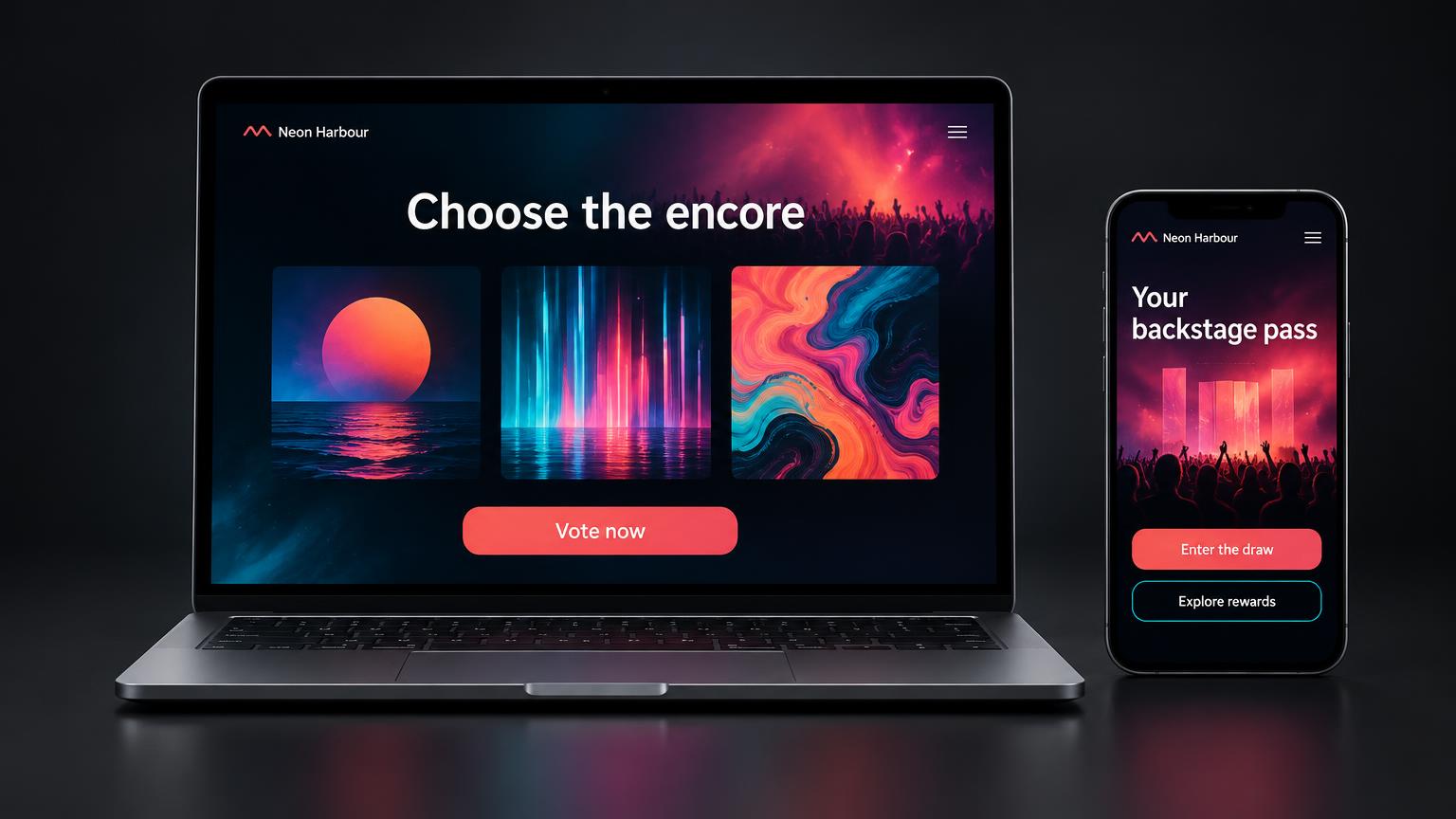 A colourful encore vote on a laptop beside a phone with a backstage competition and rewards