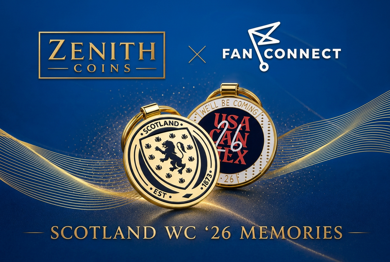 A premium commemorative sports coin in antique bronze glowing at its centre — the moment of an NFC tap.